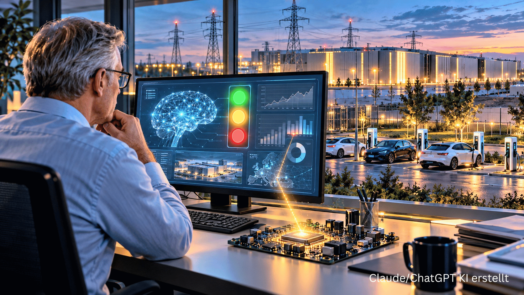 Mittelständler vor einem KI-Dashboard mit Ampel, im Hintergrund ein Rechenzentrum und Elektroautos an Ladesäulen