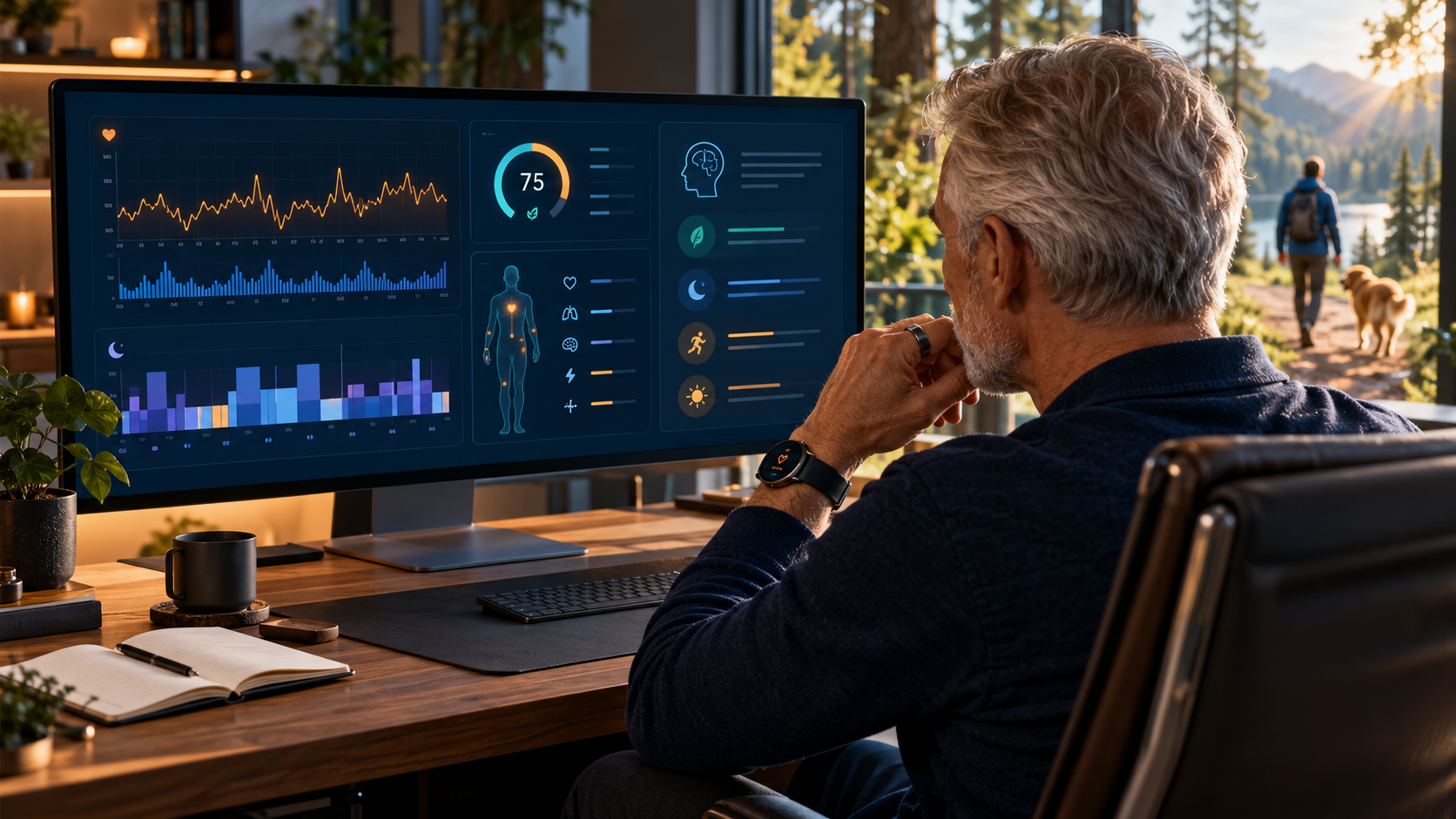 Ein Mann Anfang 70 am Schreibtisch mit Smartwatch und Smart Ring, auf dem Monitor Gesundheitsdaten, im Hintergrund ein Spaziergang mit Hund im Wald