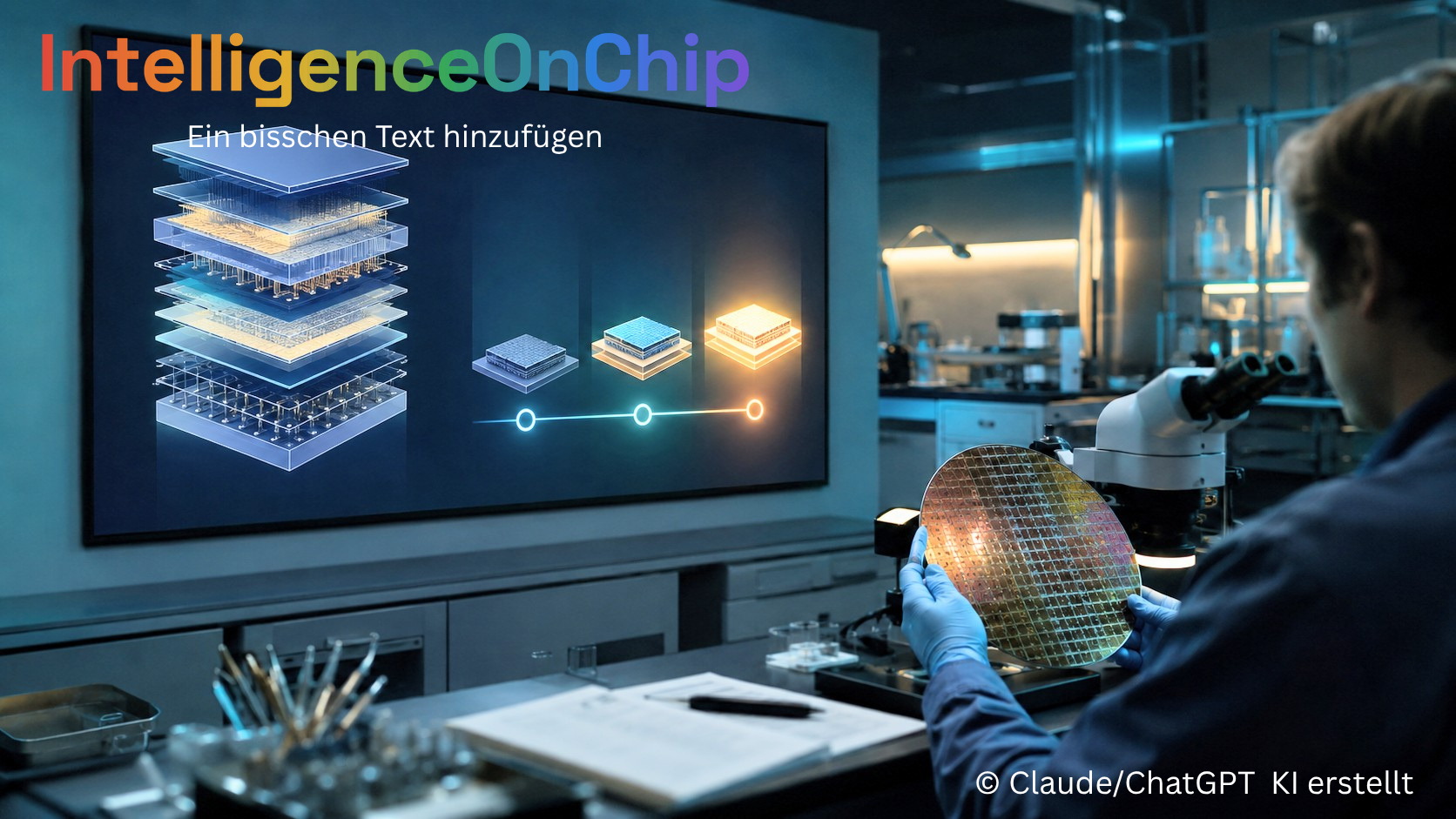 IntelligenceOnChip · Innovationsradar — ein Ingenieur prüft im Labor einen Wafer vor einem Wandbildschirm mit gestapelten Chip-Architekturen