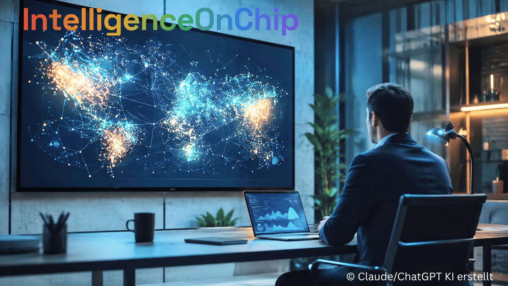 IntelligenceOnChip · Innovationsradar Teil 2 — ein Manager blickt auf eine große Weltkarte mit leuchtenden Innovationsclustern
