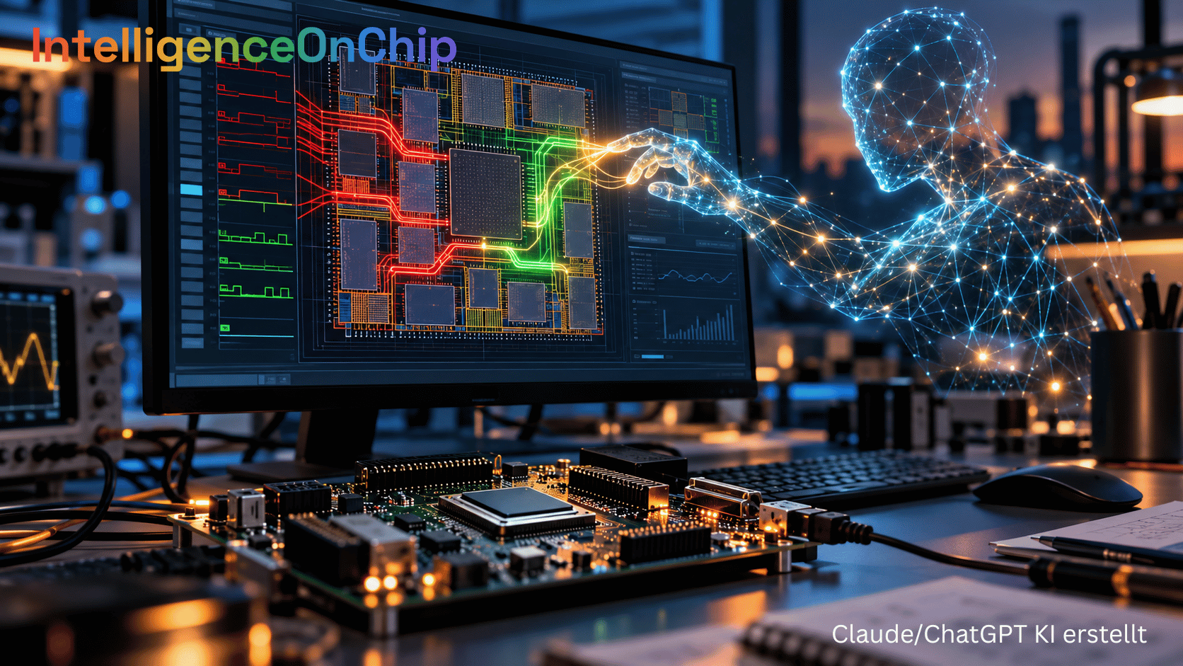 IntelligenceOnChip · Monitor mit FPGA-Layout, eine KI-Figur aus Lichtpunkten greift in die Leiterbahnen, davor ein Entwicklungsboard
