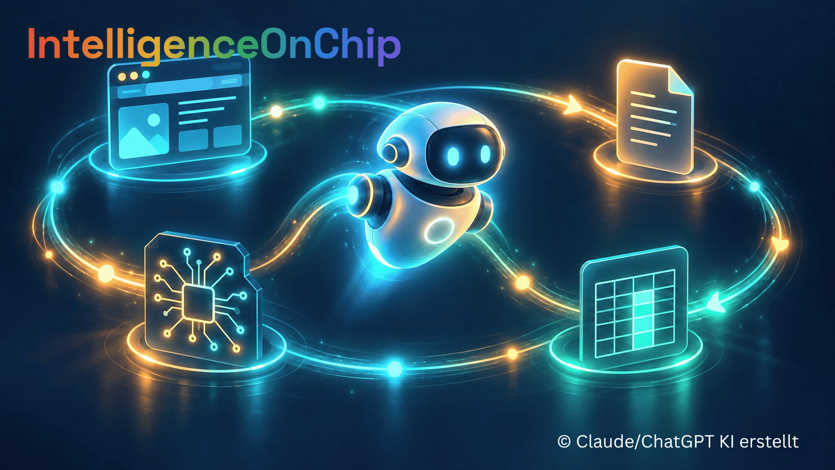 IntelligenceOnChip · Ein Agent bewegt sich zwischen Browser-Oberfläche, Dokument, Chip und Tabelle — Sinnbild für mehrstufige, autonome Arbeit in echten Software-Umgebungen
