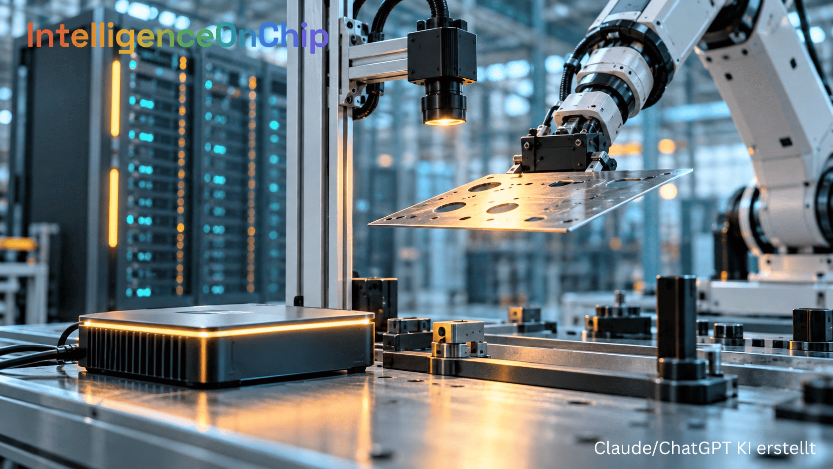 IntelligenceOnChip · Edge-KI-Box auf einem Fertigungstisch, daneben Kamera zur Oberflächenprüfung über einem Stahlblech, das ein Roboterarm hält, im Hintergrund Serverschränke