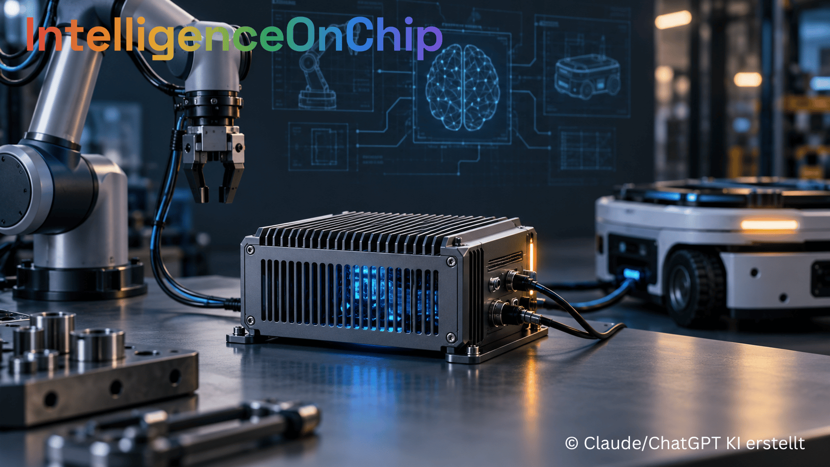 IntelligenceOnChip · Ein gehäustes Rechenmodul auf einem Werkbanktisch zwischen Roboterarm und autonomem Transportroboter, im Hintergrund Schaltbilder und ein Neuronennetz-Diagramm