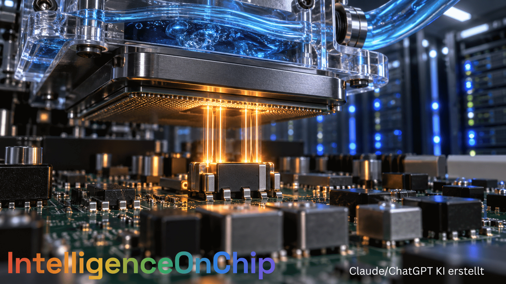 IntelligenceOnChip · Symbolische Darstellung eines Prozessorgehäuses mit vertikaler Stromzuführung von unten und einem Flüssigkühlkörper direkt auf der Oberseite