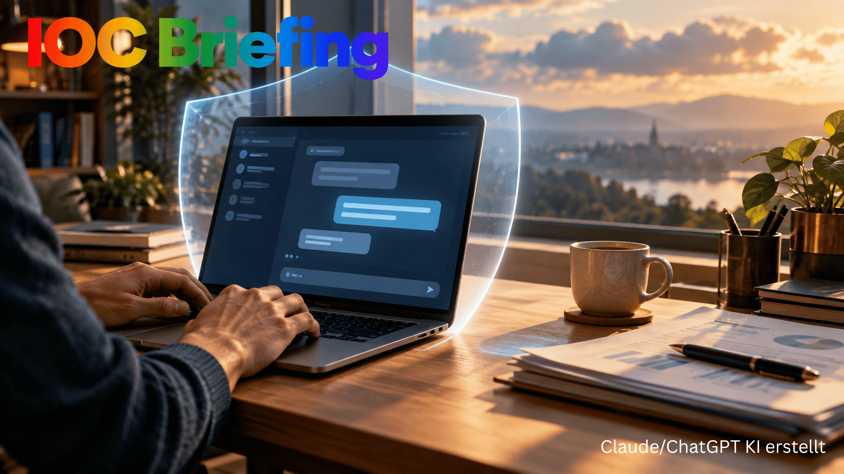 IntelligenceOnChip · Hände tippen auf einem Laptop mit Chat-Oberfläche, umgeben von einem leuchtenden Schutzschild, daneben Kaffeetasse und Unterlagen vor einem Fenster mit Abendlandschaft