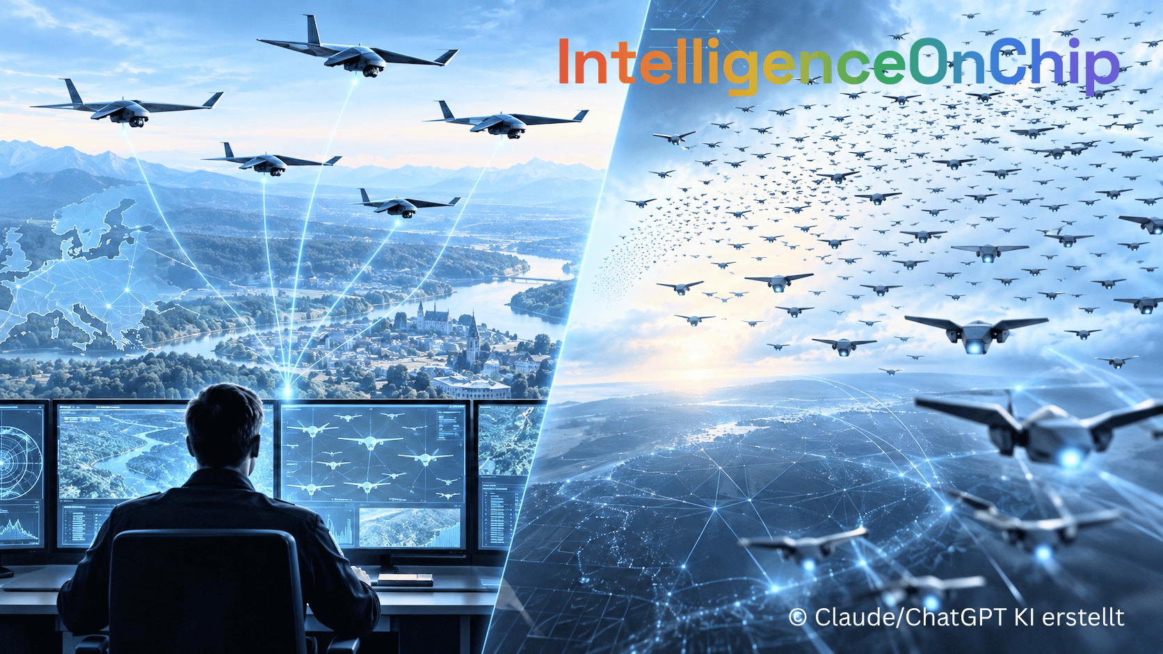 IntelligenceOnChip · Links ein Operator an Kontrollbildschirmen mit wenigen vernetzten Drohnen, rechts ein Massenschwarm hunderter Drohnen über einer Landschaft