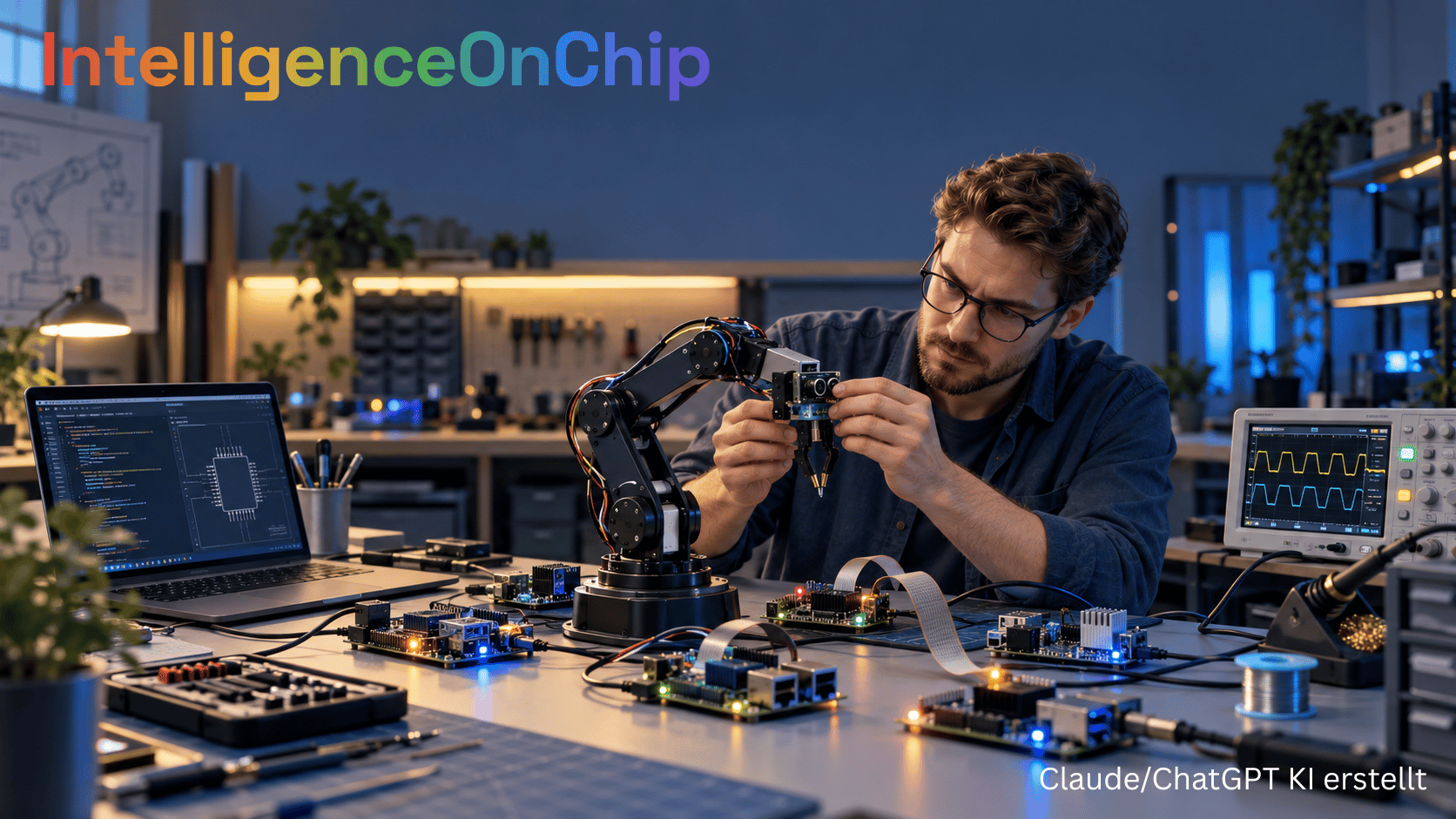 IntelligenceOnChip · Entwickler an einem Labortisch mit Roboterarm, mehreren Embedded-Boards und Oszilloskop