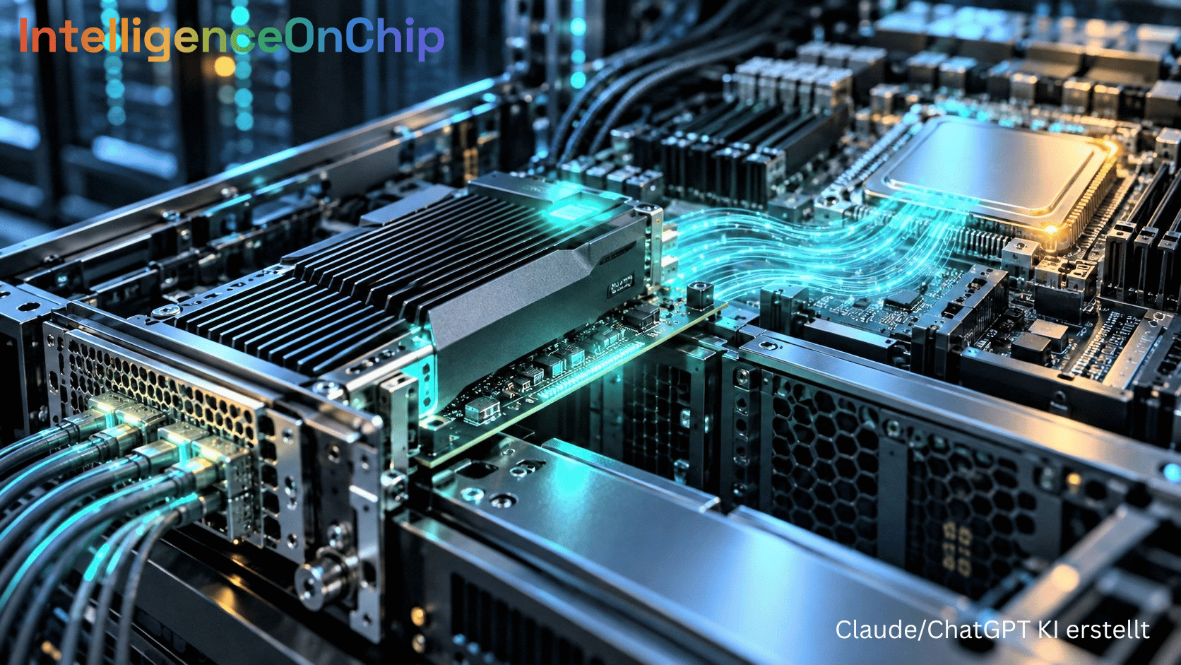IntelligenceOnChip · Serverplatine mit einer DPU-Karte, von der leuchtende Datenleitungen zum Hauptprozessor führen