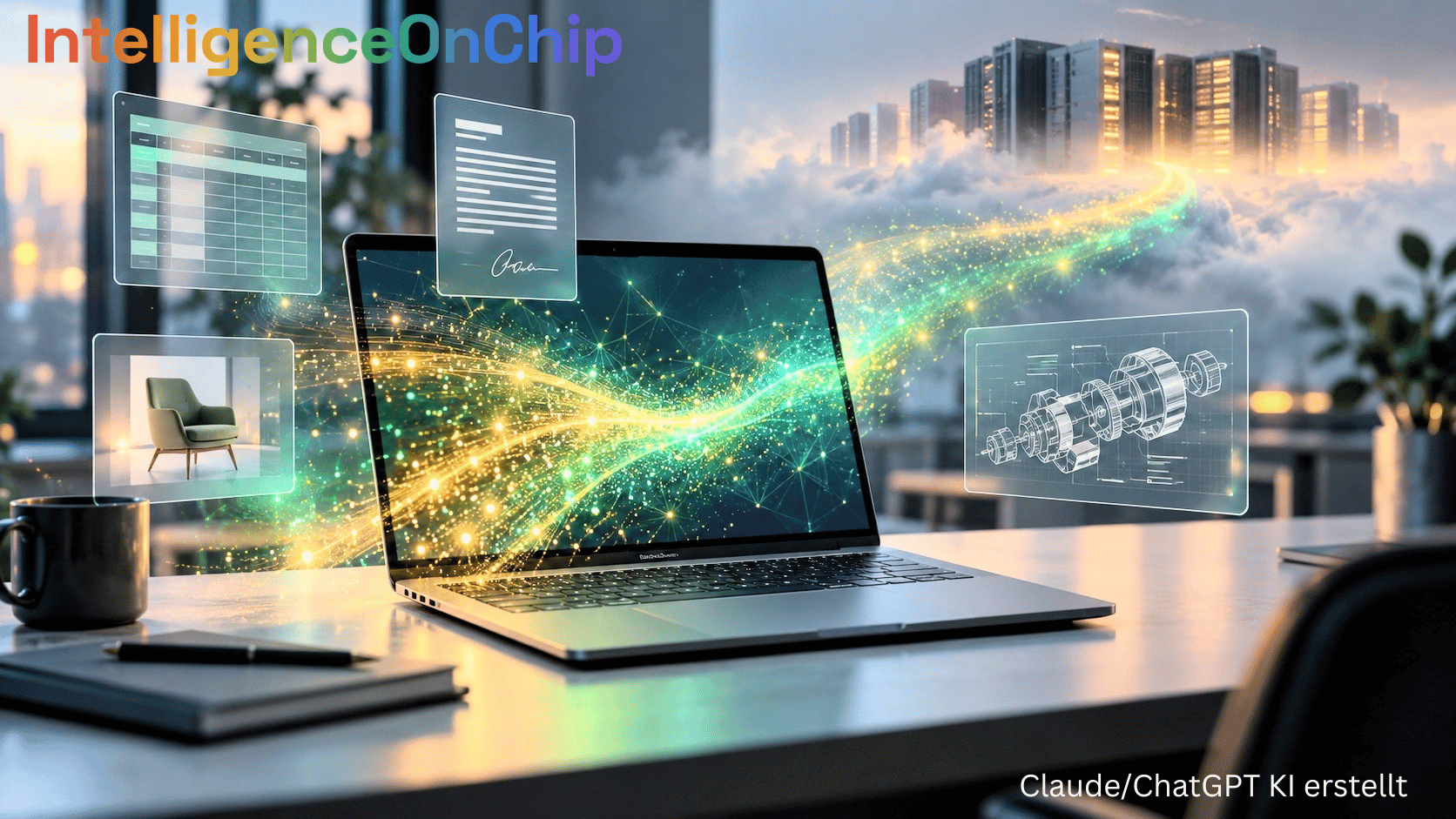 IntelligenceOnChip · Aufgeklappter Laptop auf einem Bürotisch, ein Lichtstrom aus Datenpunkten fließt aus einem Rechenzentrum in der Wolke auf den Bildschirm, daneben schwebende Symbole für Tabelle, Vertrag, Produktfoto und Konstruktionszeichnung