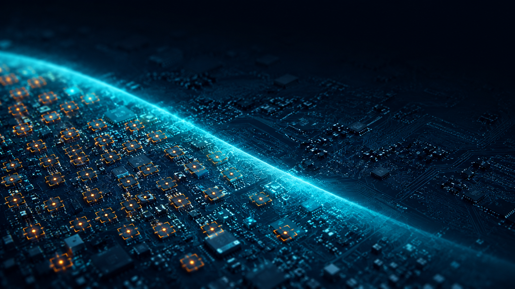 IntelligenceOnChip · IT-Security — stilisierte Leiterplatte mit hervorgehobenen Schwachstellen entlang einer digitalen Trennlinie