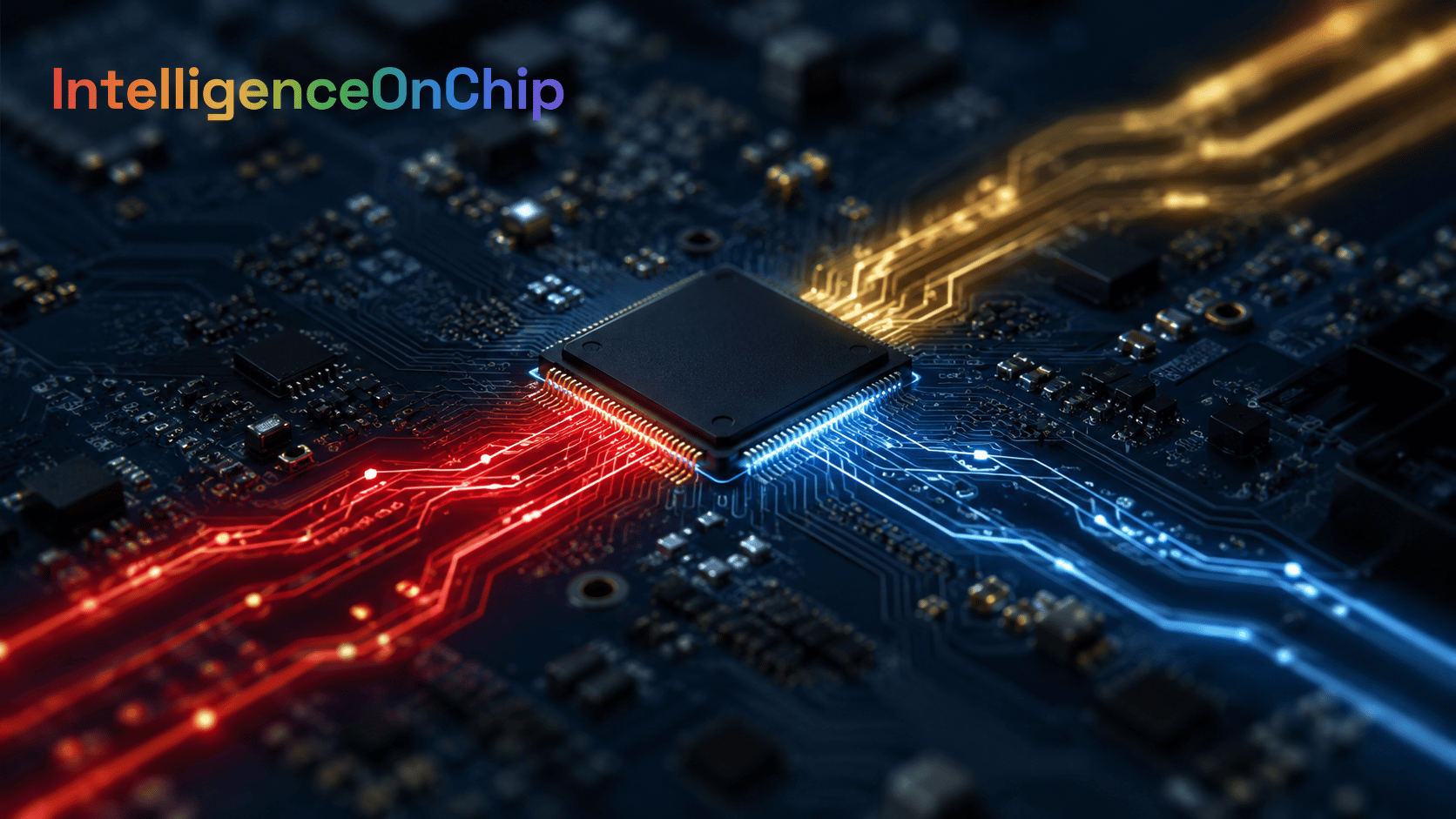 IntelligenceOnChip — stilisierte Leiterplatte mit rotem, goldenem und blauem Datenpfad, Sinnbild für China-, US- und EU-Modellwahl bei Edge-KI