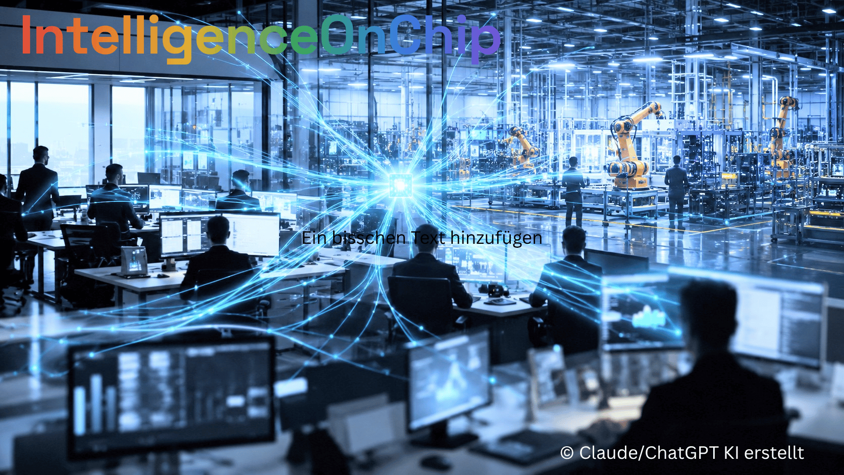 IntelligenceOnChip · Ein Großraumbüro und eine Fertigungshalle, verbunden durch ein leuchtendes Netz aus Datenlinien, die in einem einzelnen Chip in der Mitte zusammenlaufen