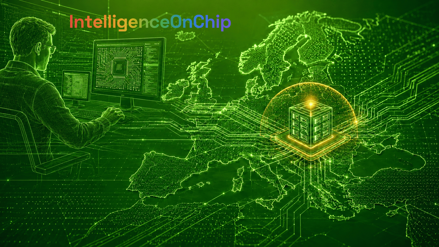 IntelligenceOnChip · Embedded Systems — stilisierte Grafik eines Entwicklers vor Chip-Layout-Bildschirmen vor einer leuchtenden Europakarte mit zentralem Rechenzentrums-Würfel, Sinnbild für souveräne Edge-KI