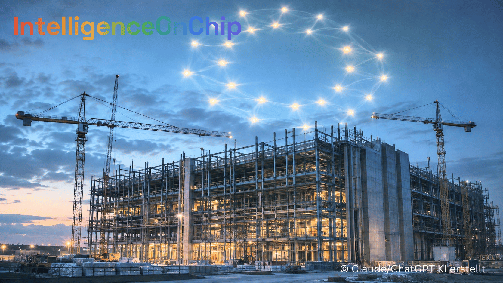 IntelligenceOnChip · Eine Rechenzentrums-Baustelle in der Abenddämmerung, darüber der EU-Sternenkranz als leuchtendes Datennetz