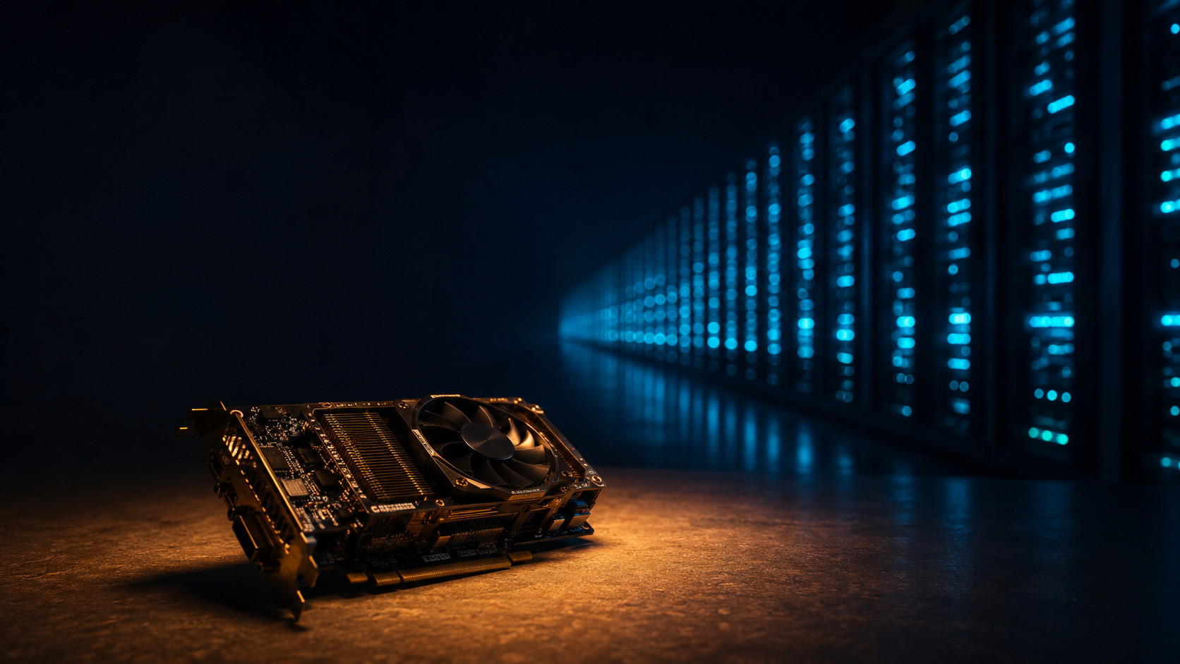 IntelligenceOnChip · KI-Modelle — stilisierte GPU-Platine vor einem Rechenzentrumsflur, Sinnbild für den Compute-Bedarf offener Sprachmodelle