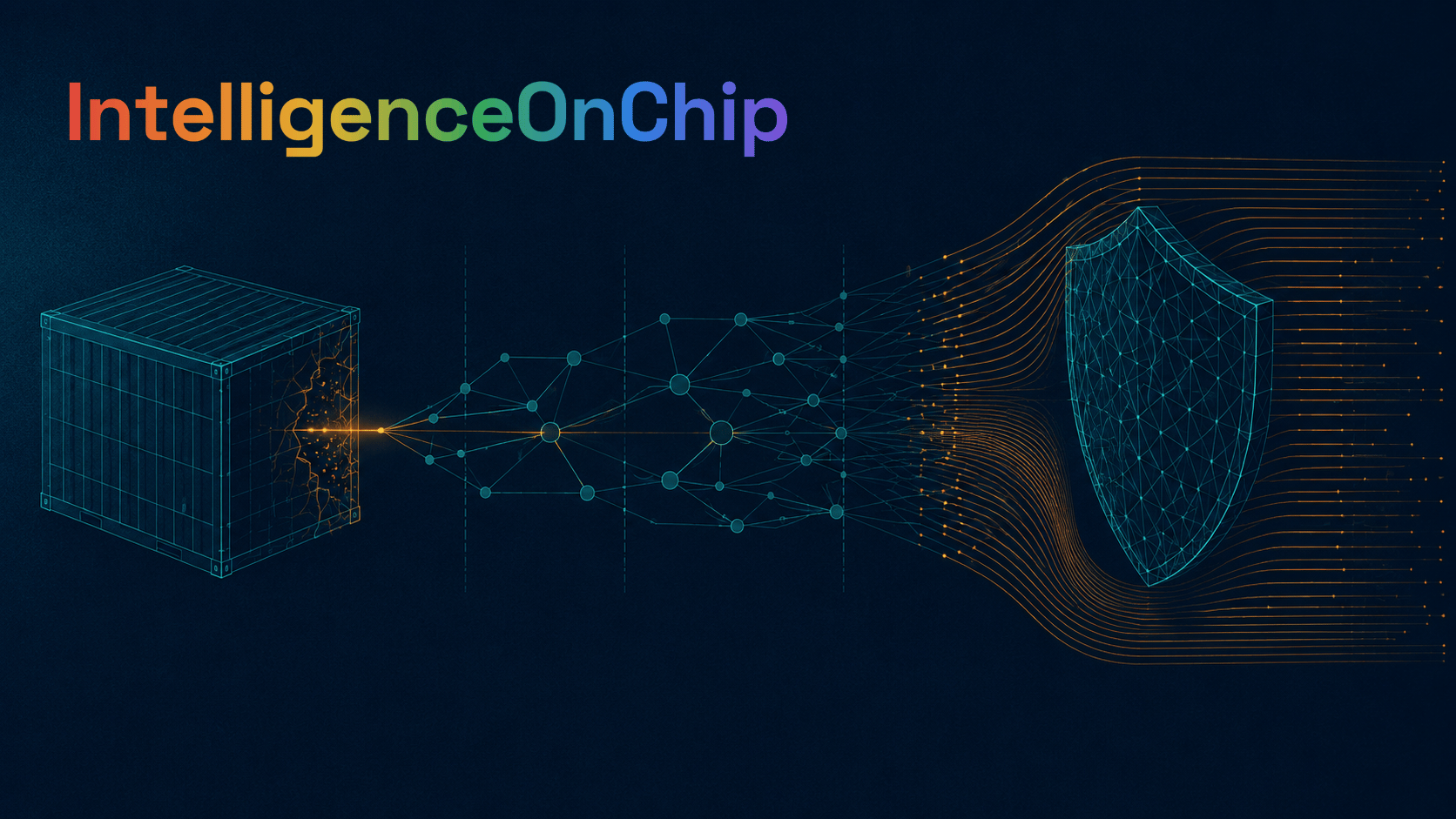 IntelligenceOnChip — stilisierte Grafik: ein durchbrochener Container mit Rissen, verbunden über ein Netzwerk aus Knoten zu einem Schutzschild, Sinnbild für Ausbruch, Kontrollverlust und Abwehr bei agentischen KI-Systemen