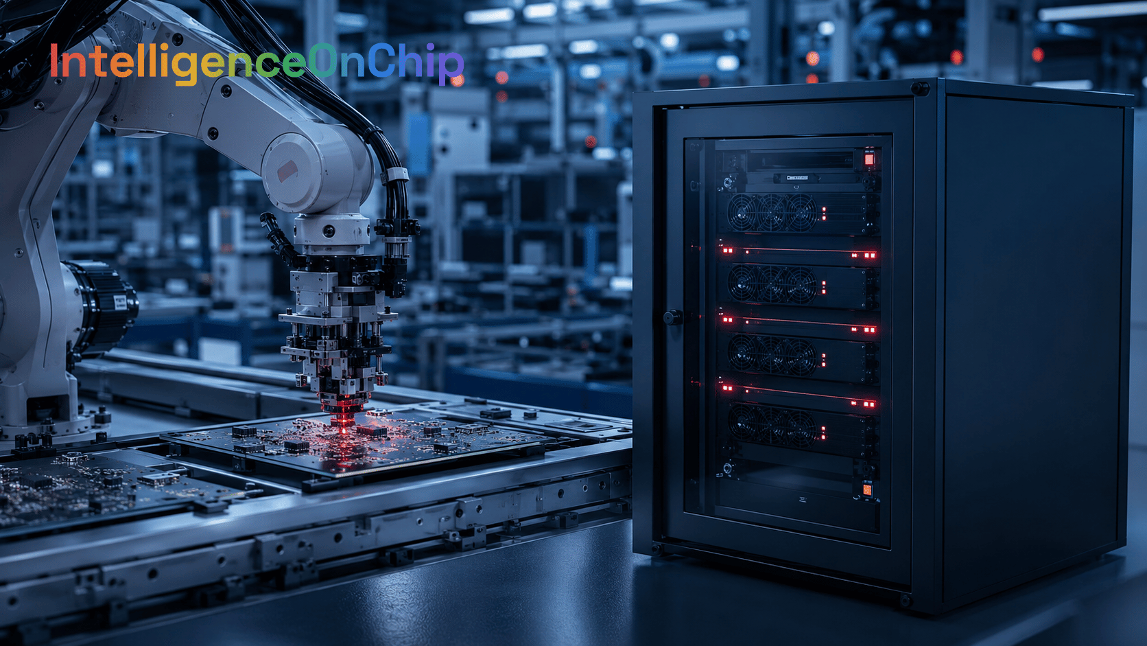 IntelligenceOnChip — Roboterarm bestückt eine Leiterplatte auf der Fertigungslinie neben einem Server-Rack mit rot blinkenden Status-LEDs, Sinnbild für souveräne KI-Infrastruktur in der Industrieproduktion