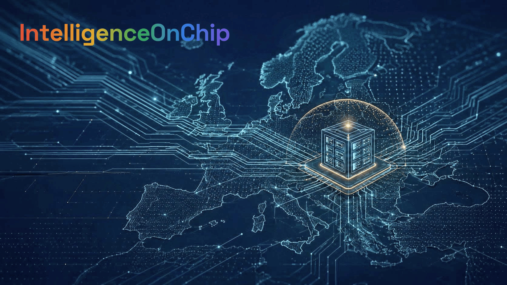 IntelligenceOnChip · KI-Modelle — stilisierte Weltkarte mit Leiterbahnen über Europa und einem leuchtenden Rechenzentrums-Würfel, Sinnbild für europäische KI-Souveränität