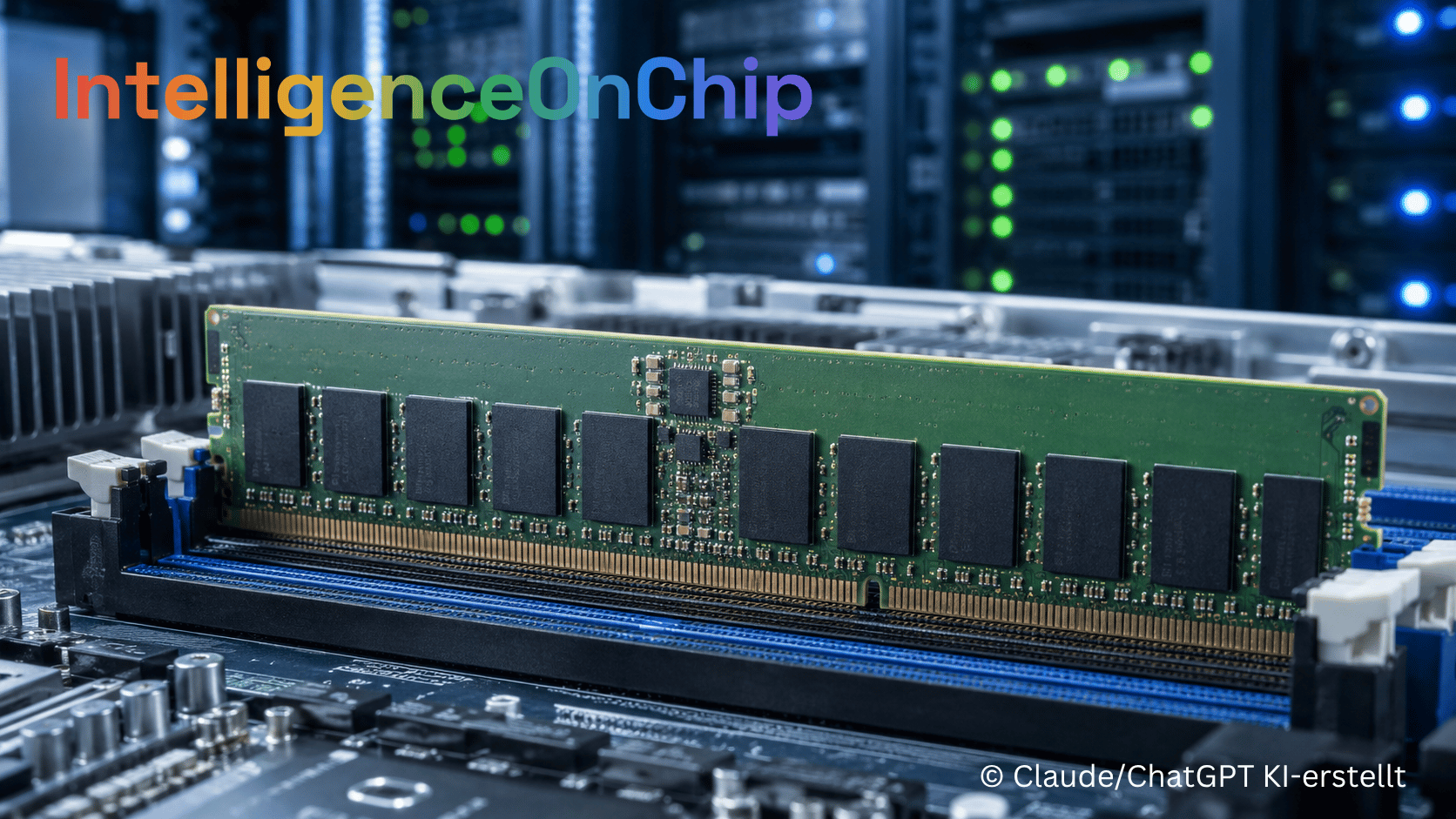 IntelligenceOnChip · Leistungselektronik — DDR5-RDIMM-Speichermodul im Server-Rack, KI-Datacenter im Hintergrund