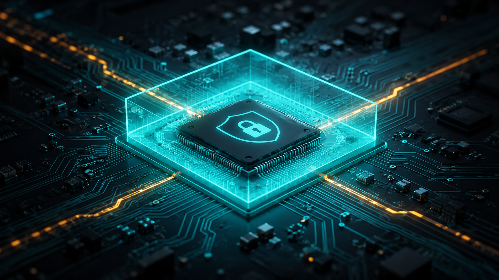 IntelligenceOnChip · Embedded Systems — stilisierter Sicherheits-Chip mit Schild-Symbol auf einer Leiterplatte, Sinnbild für Hardware-Root-of-Trust