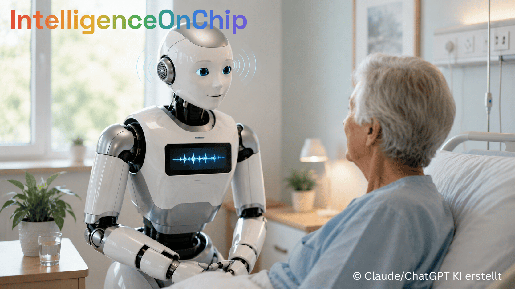 IntelligenceOnChip · Ein humanoider Pflegeroboter am Krankenbett, mit sichtbarer Audio-Wellenform auf dem Brustdisplay und Schallwellen an den Ohrmodulen