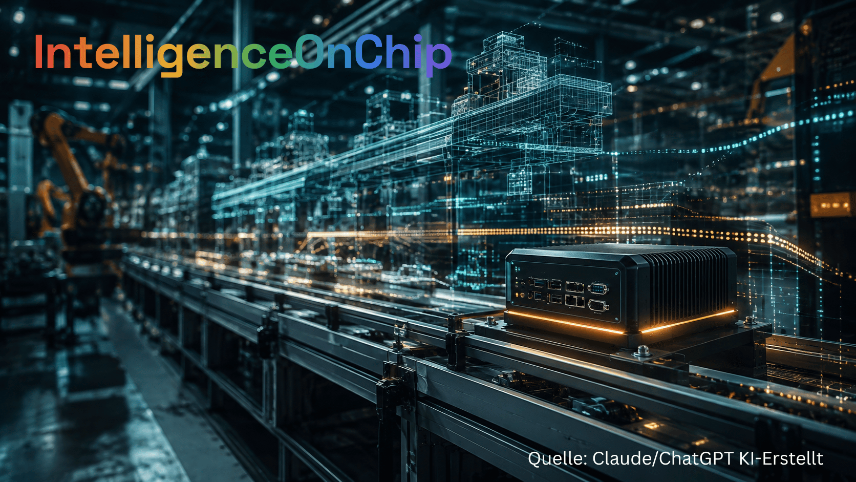 IntelligenceOnChip · Fertigungstechnik — stilisierte Szene eines Industrie-Edge-Computers auf einer Fertigungslinie mit digitalem Zwilling-Overlay