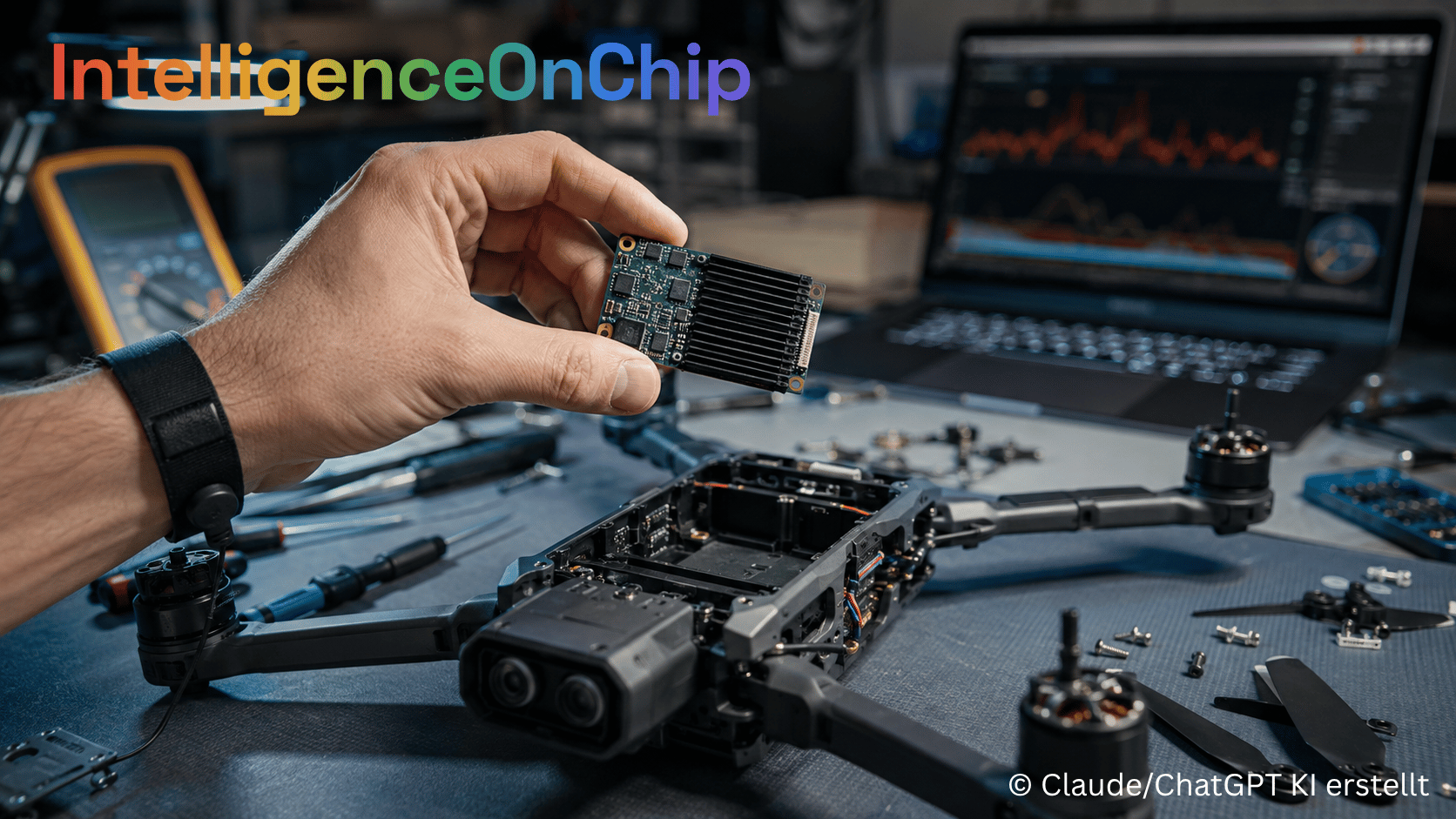 IntelligenceOnChip · Eine Hand hält ein kompaktes System-on-Module über einer teilweise demontierten Drohne auf einem Entwicklertisch, im Hintergrund ein Laptop mit Messkurven