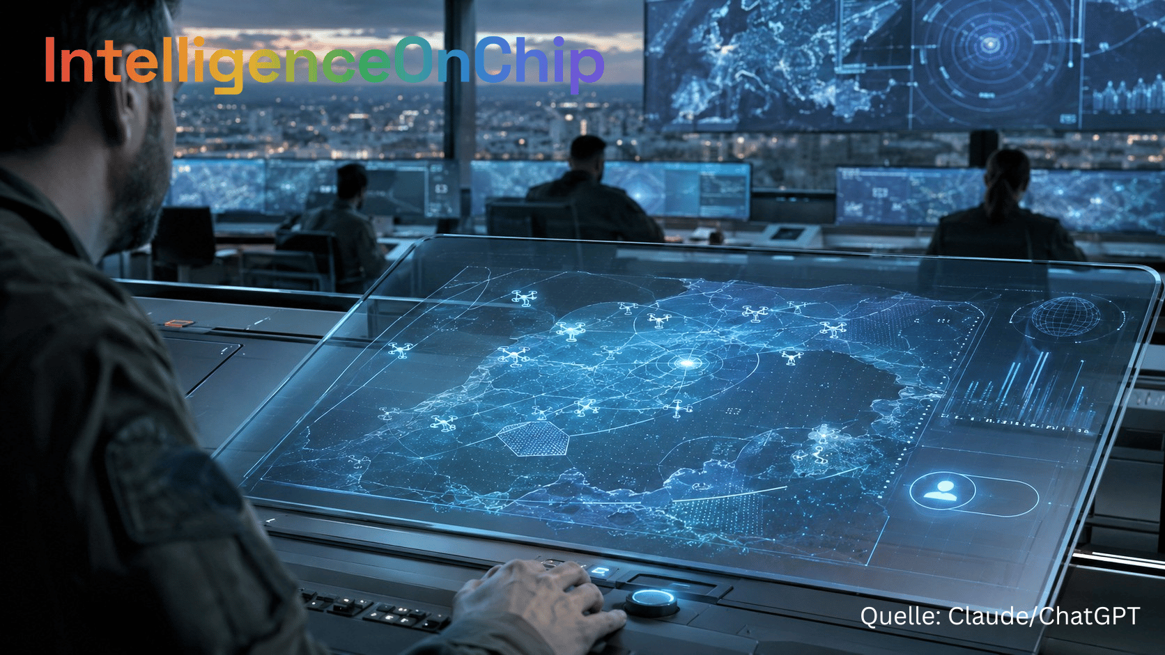IntelligenceOnChip · Verteidigungstechnik — stilisierte Szene eines Operators an einem digitalen Lagebild-Tisch mit Drohnen- und Sensordaten, im Hintergrund Analysten vor Bildschirmen