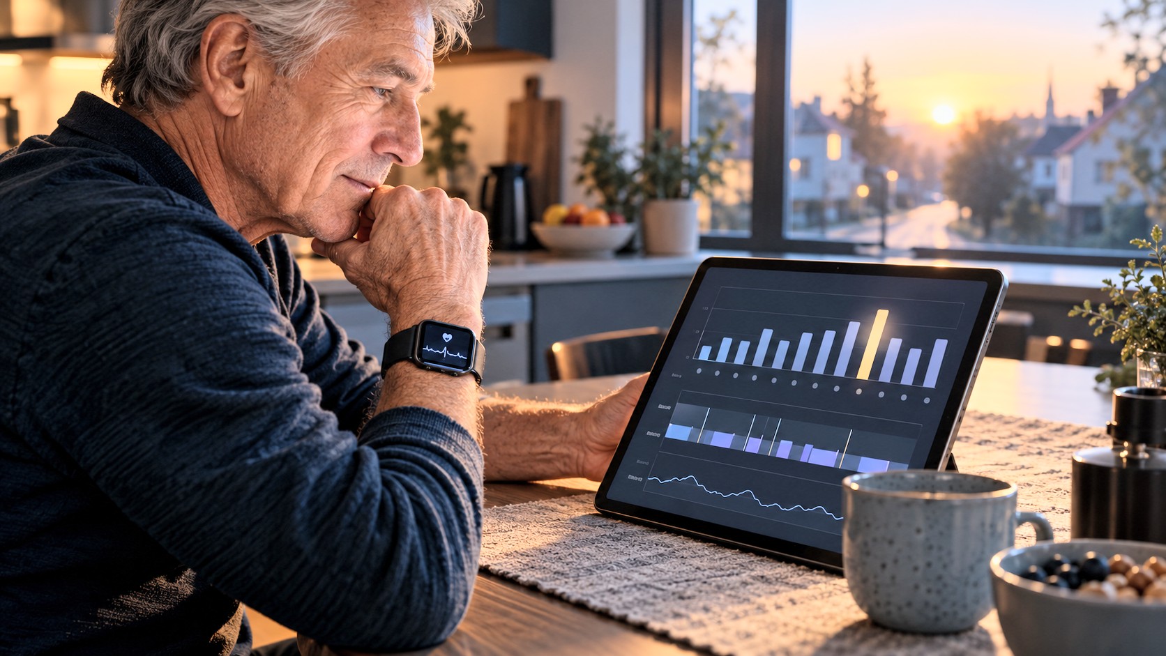 Ein Mann Anfang 70 am Küchentisch im Morgenlicht, mit Smartwatch, liest auf einem Tablet seine Schlafdaten