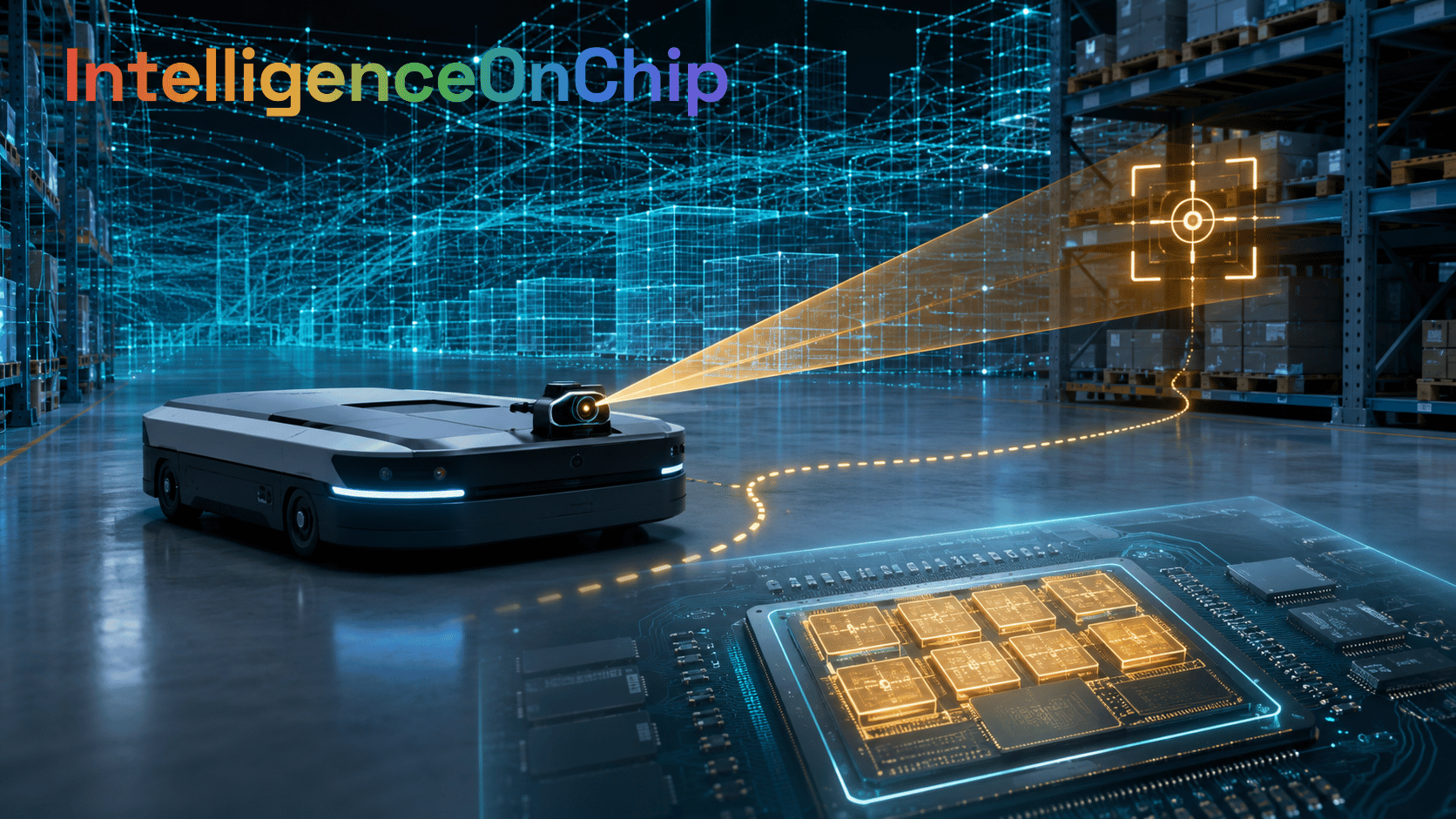 IntelligenceOnChip · Robostral Navigate — autonomer Roboter navigiert per Kamera, verbunden mit Edge-KI-Chip im Lager