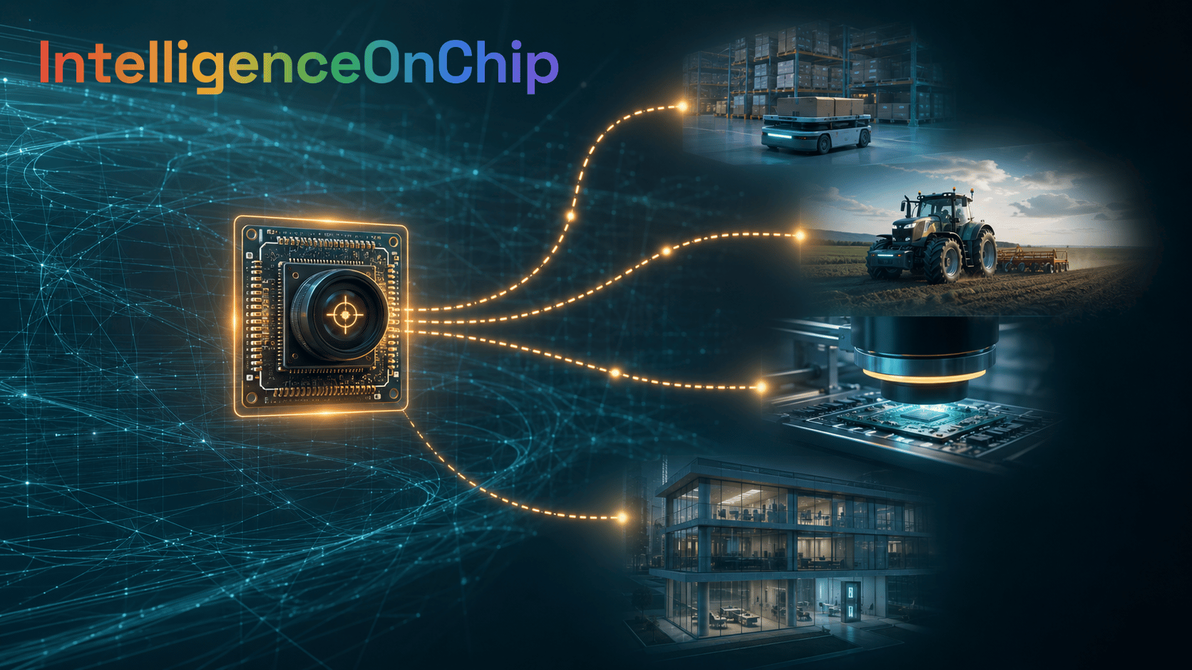 IntelligenceOnChip · Robostral Navigate — ein Kamera-Chip-Baustein verzweigt in Intralogistik, Landtechnik, Fertigungsinspektion und Gebäudetechnik
