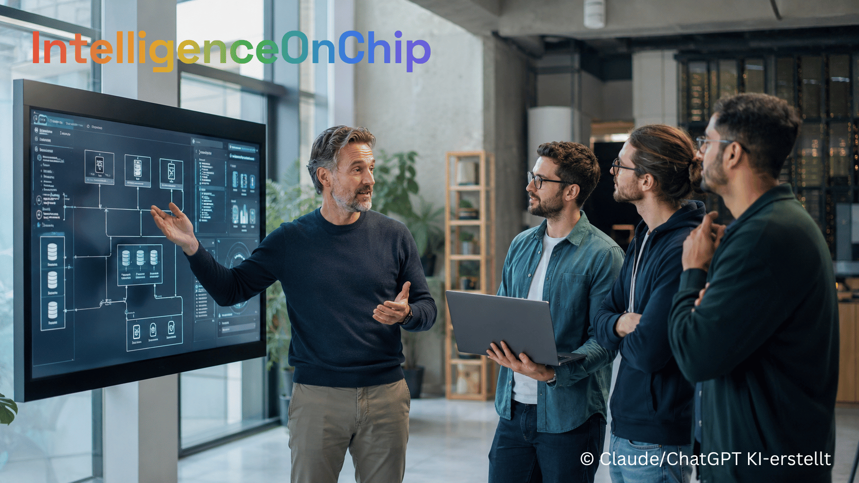 IntelligenceOnChip · Karriere in der Elektronik — ein Manager präsentiert einem Entwicklerteam eine KI-Workflow-Übersicht auf einem Bildschirm