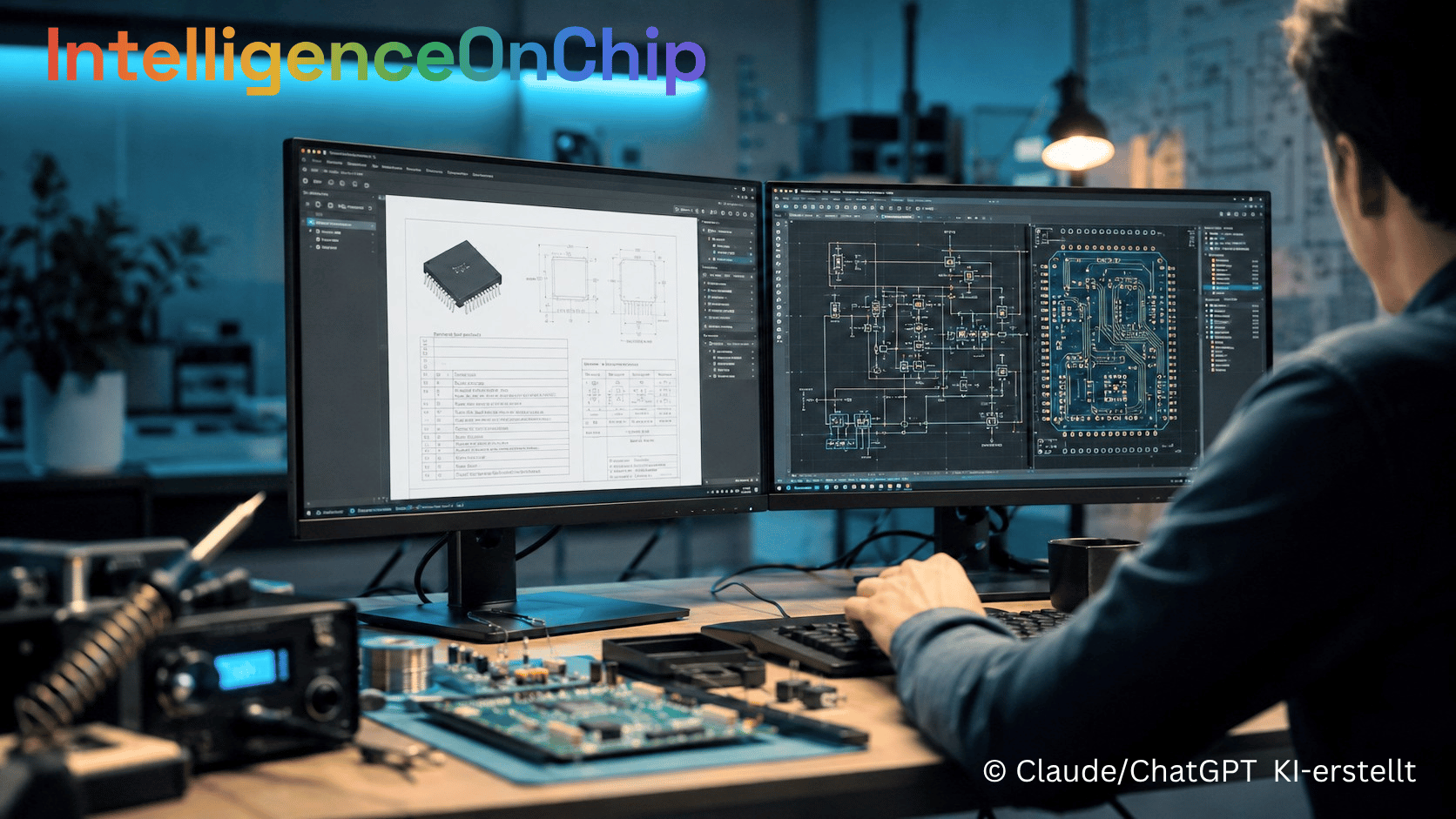 IntelligenceOnChip · Embedded & Entwicklung — ein Entwickler prüft Datenblatt, Schaltplan und Layout an einem Doppelmonitor-Arbeitsplatz