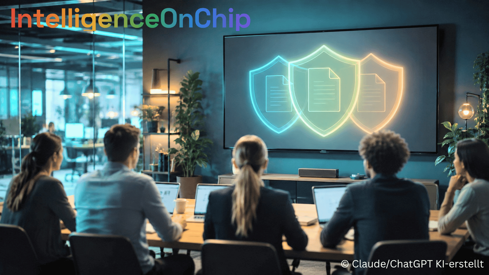 IntelligenceOnChip · Compliance & Praxis — ein Team blickt im Meetingraum auf drei leuchtende Schutzschild-Symbole auf einem Bildschirm